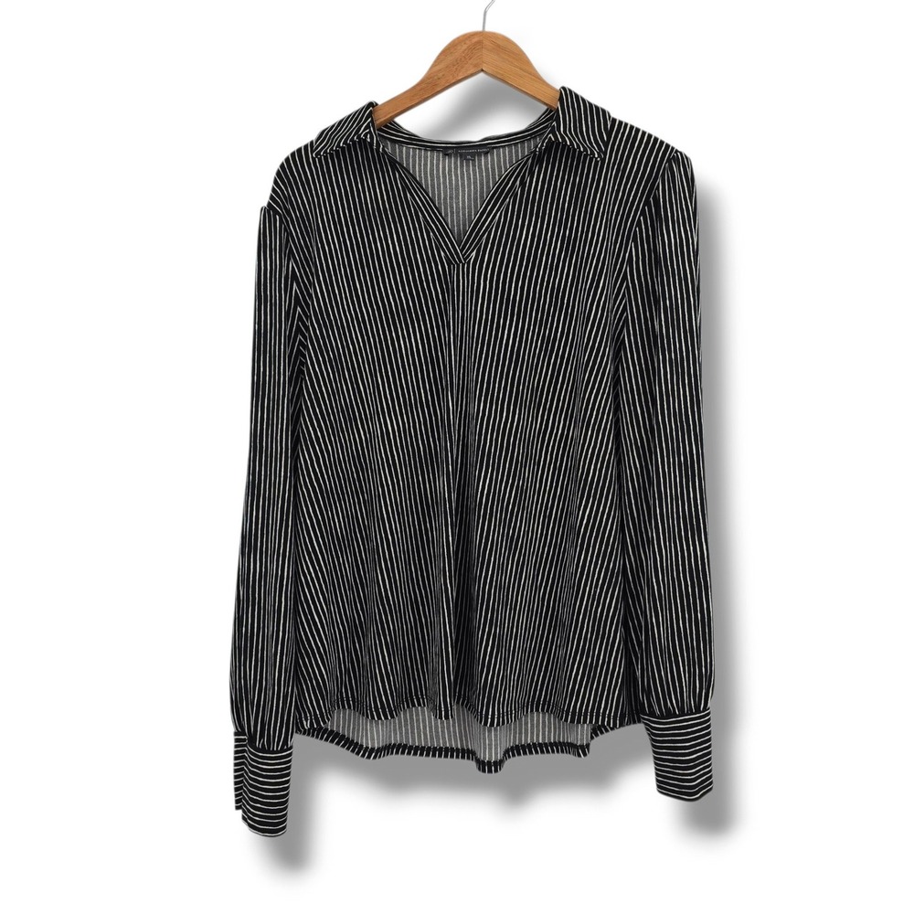 Adrianna Papell Womens XL Black White Striped V-Neck Long Sleeve Blouse Top